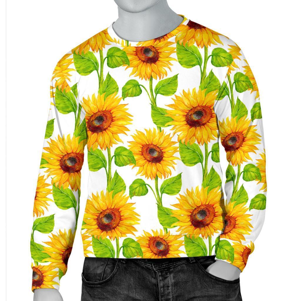 White Watercolor Sunflower Pattern Print Men's Crewneck Sweatshirt GearFrost