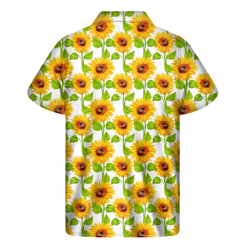 White Watercolor Sunflower Pattern Print Men's Short Sleeve Shirt