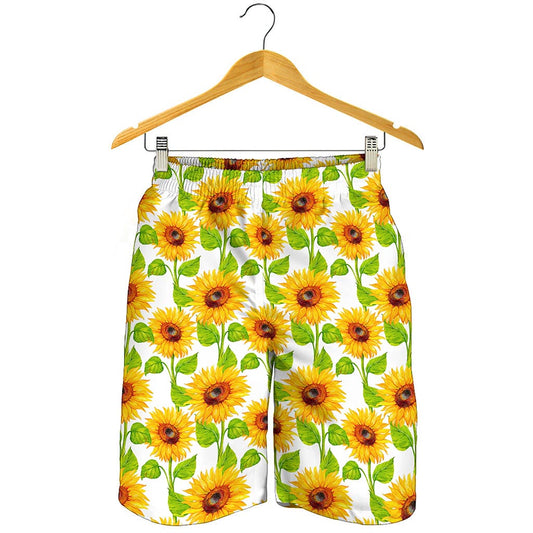 White Watercolor Sunflower Pattern Print Men's Shorts