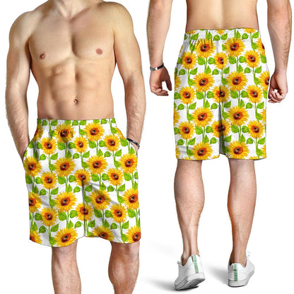 White Watercolor Sunflower Pattern Print Men's Shorts