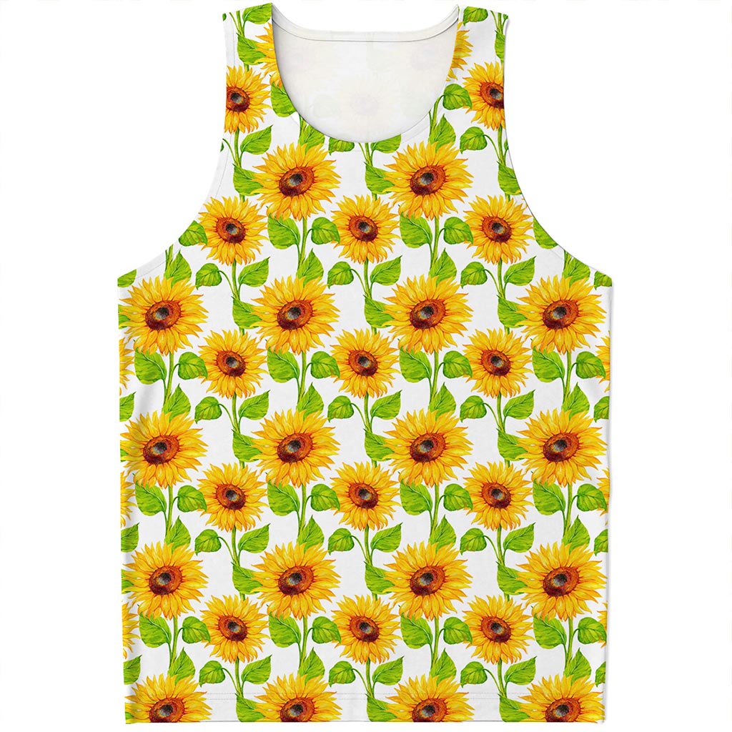 White Watercolor Sunflower Pattern Print Men's Tank Top
