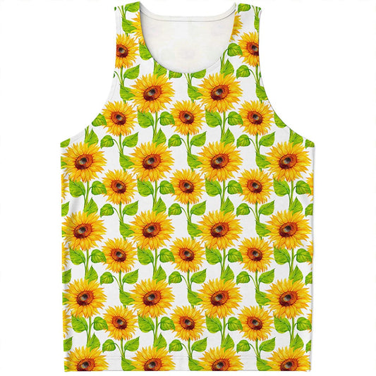 White Watercolor Sunflower Pattern Print Men's Tank Top
