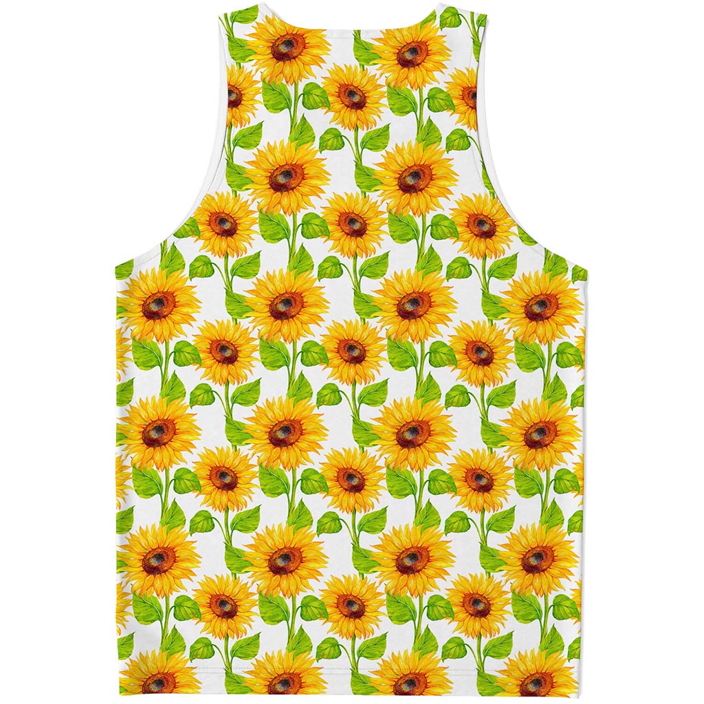 White Watercolor Sunflower Pattern Print Men's Tank Top