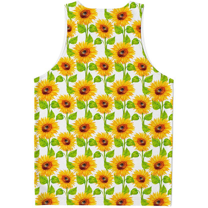 White Watercolor Sunflower Pattern Print Men's Tank Top