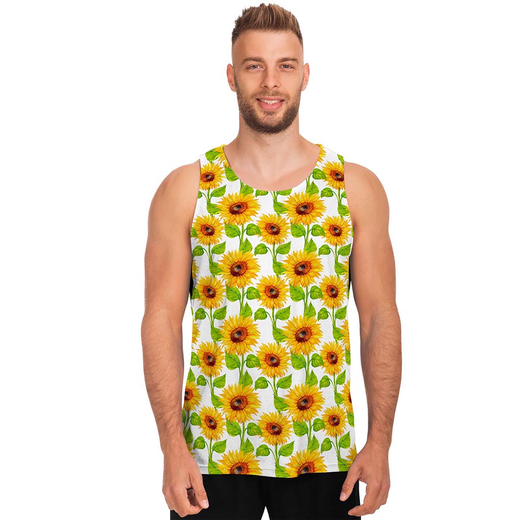 White Watercolor Sunflower Pattern Print Men's Tank Top