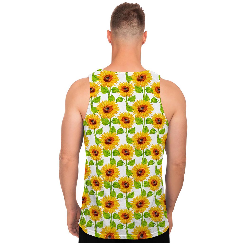 White Watercolor Sunflower Pattern Print Men's Tank Top