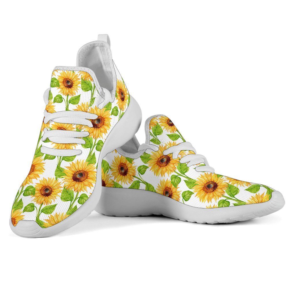 White Watercolor Sunflower Pattern Print Mesh Knit Shoes GearFrost