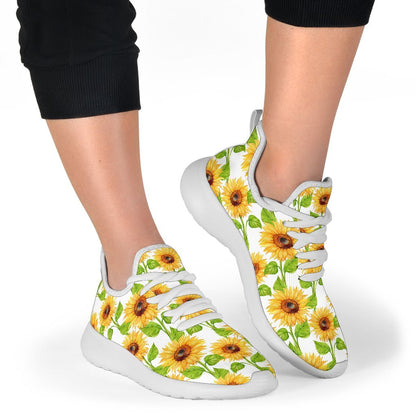 White Watercolor Sunflower Pattern Print Mesh Knit Shoes GearFrost