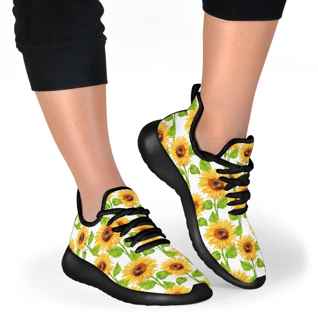 White Watercolor Sunflower Pattern Print Mesh Knit Shoes GearFrost