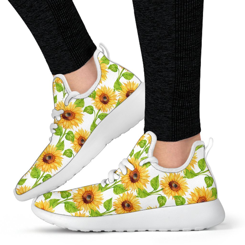 White Watercolor Sunflower Pattern Print Mesh Knit Shoes GearFrost