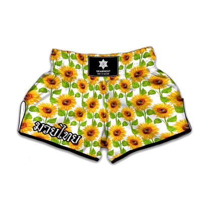 White Watercolor Sunflower Pattern Print Muay Thai Boxing Shorts