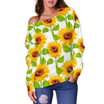 White Watercolor Sunflower Pattern Print Off Shoulder Sweatshirt GearFrost
