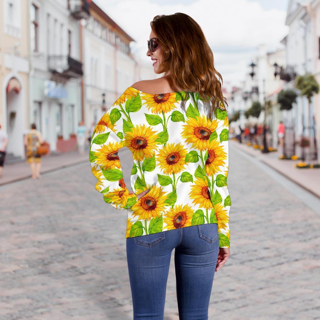 White Watercolor Sunflower Pattern Print Off Shoulder Sweatshirt GearFrost