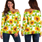 White Watercolor Sunflower Pattern Print Off Shoulder Sweatshirt GearFrost