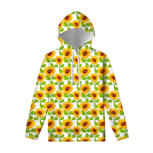 White Watercolor Sunflower Pattern Print Pullover Hoodie