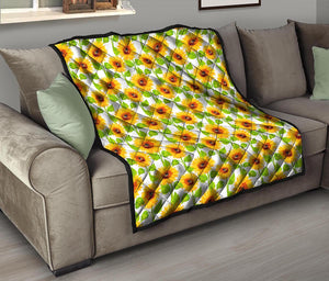 White Watercolor Sunflower Pattern Print Quilt