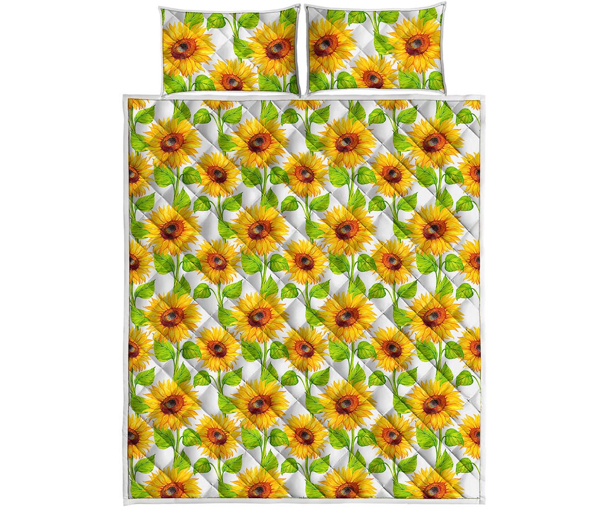 White Watercolor Sunflower Pattern Print Quilt Bed Set
