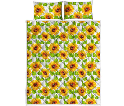 White Watercolor Sunflower Pattern Print Quilt Bed Set