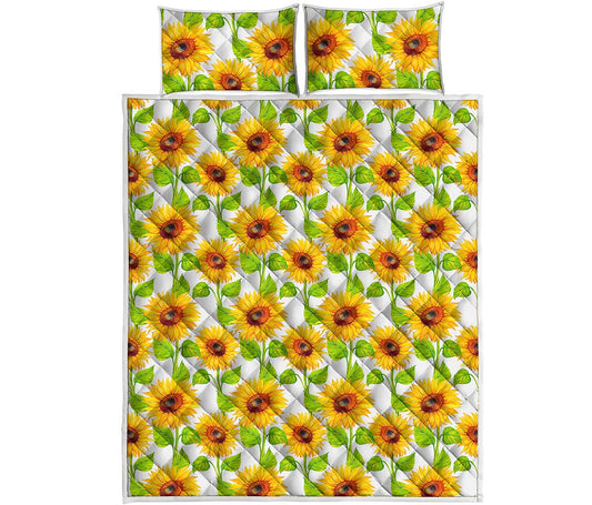 White Watercolor Sunflower Pattern Print Quilt Bed Set