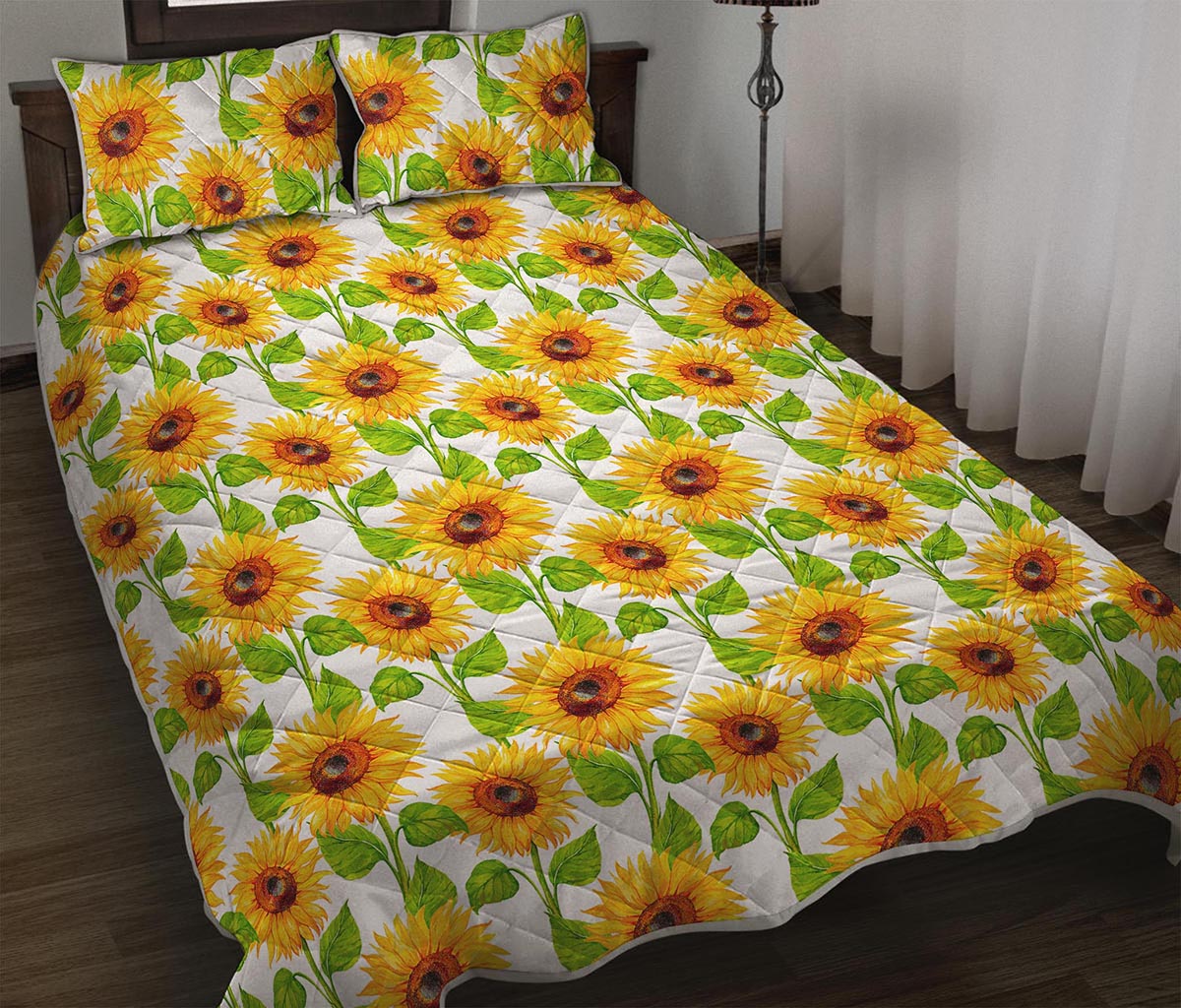 White Watercolor Sunflower Pattern Print Quilt Bed Set