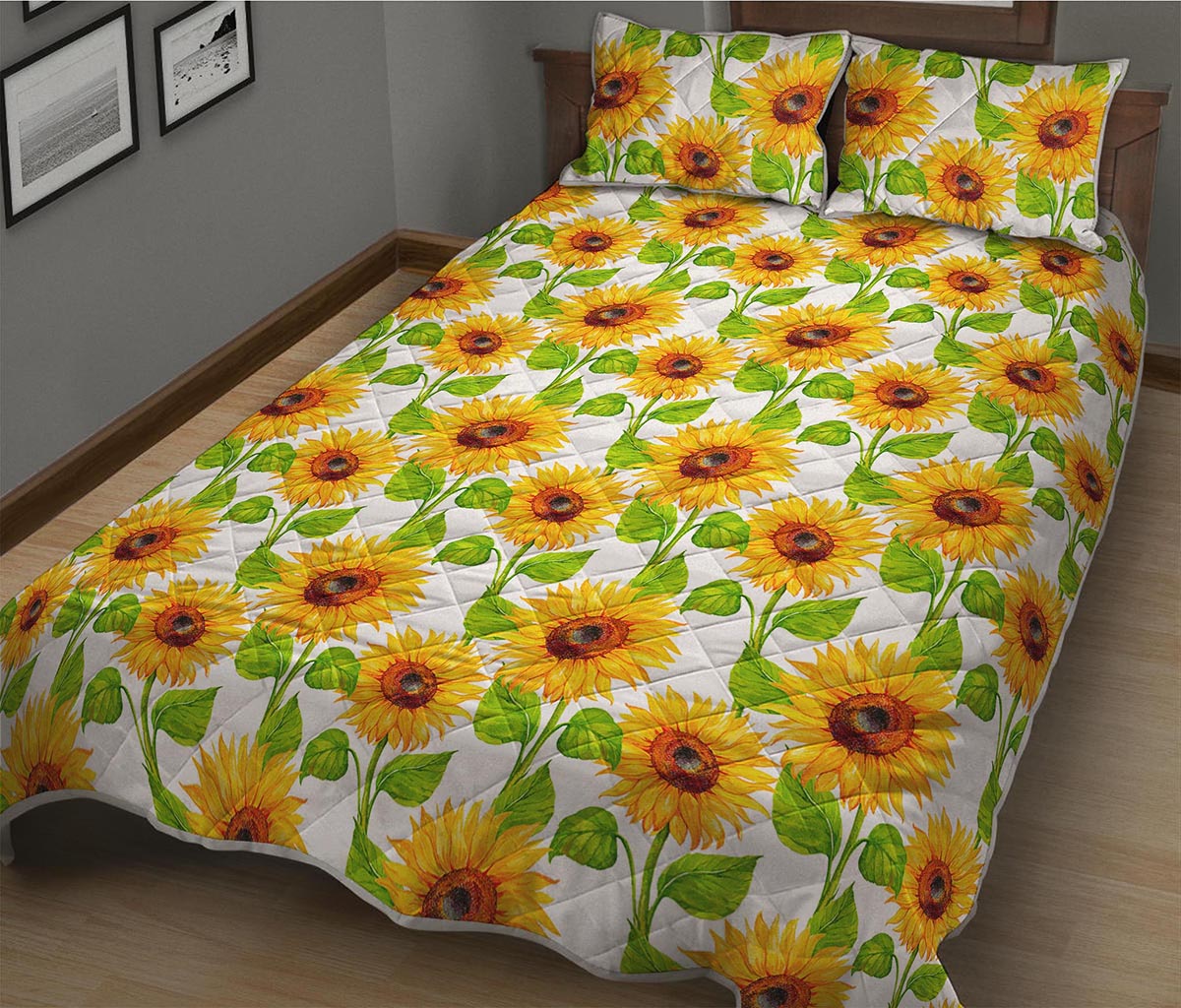 White Watercolor Sunflower Pattern Print Quilt Bed Set