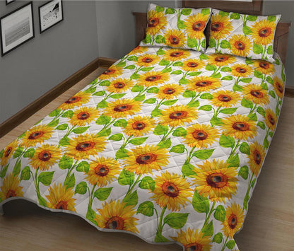 White Watercolor Sunflower Pattern Print Quilt Bed Set