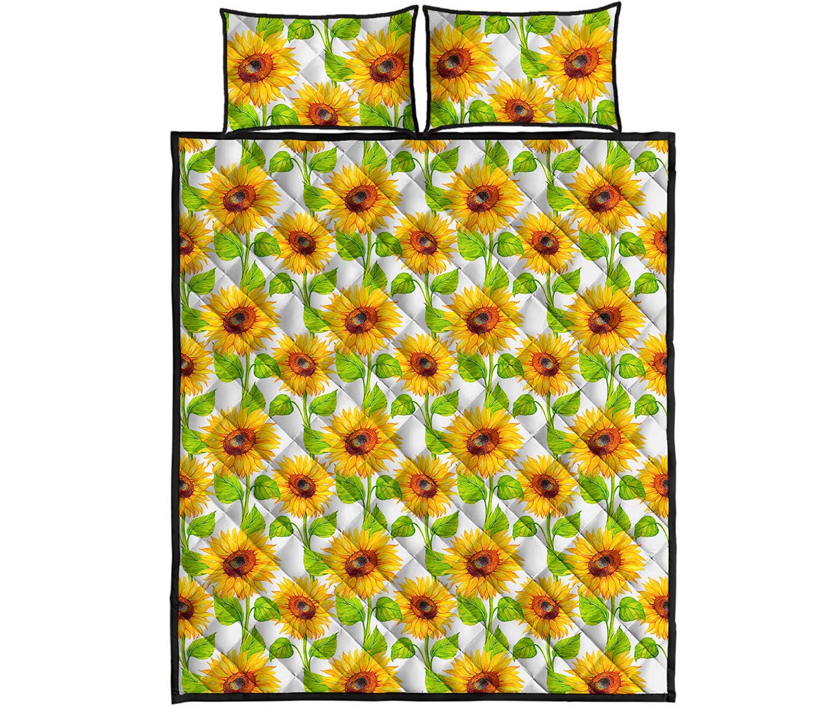 White Watercolor Sunflower Pattern Print Quilt Bed Set