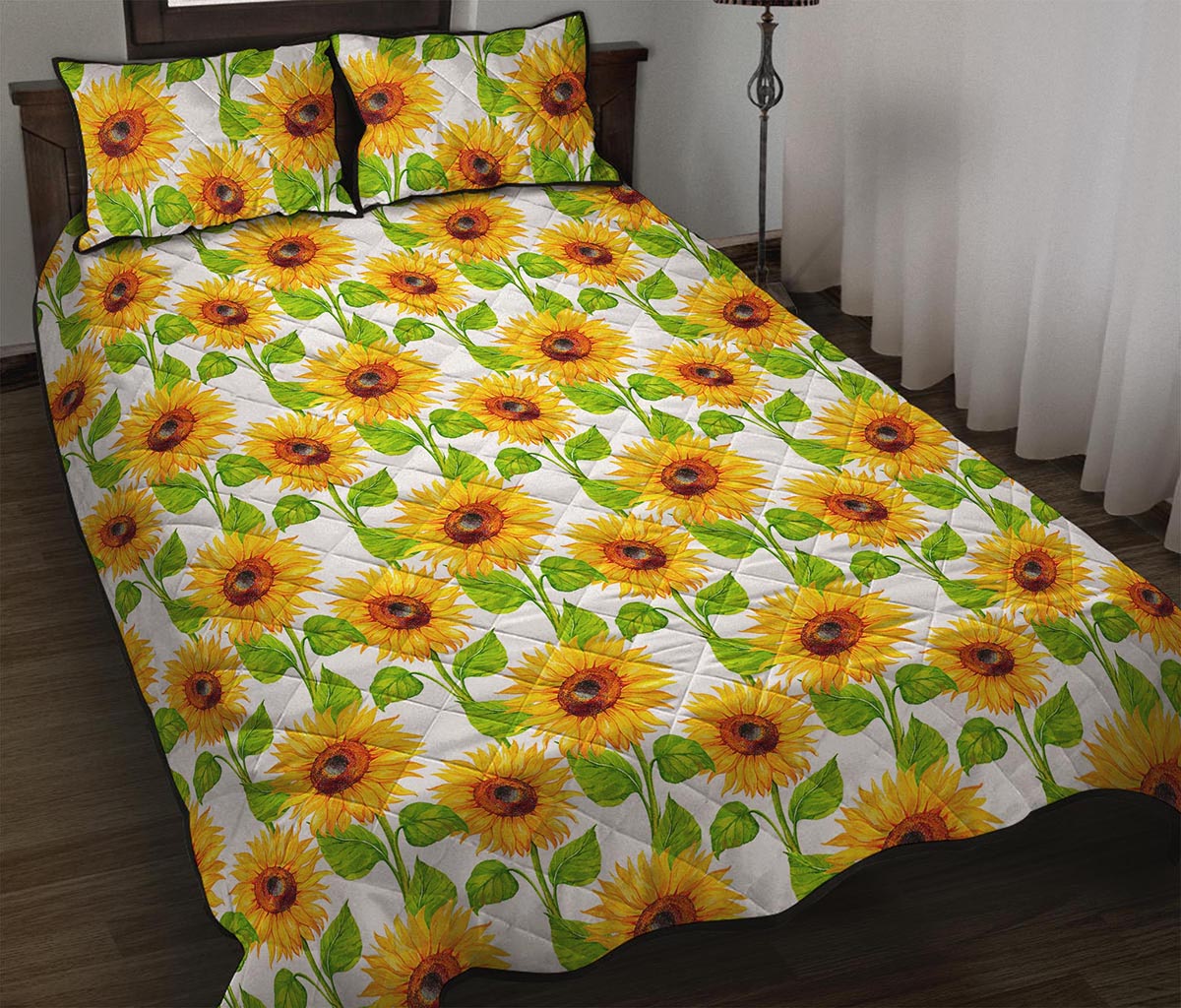 White Watercolor Sunflower Pattern Print Quilt Bed Set