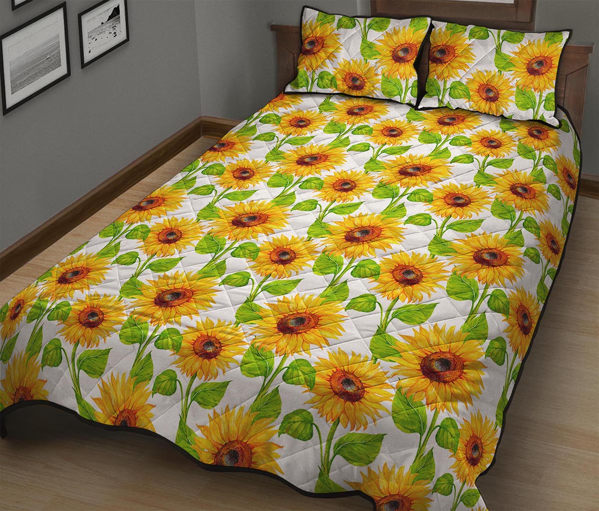White Watercolor Sunflower Pattern Print Quilt Bed Set
