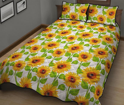 White Watercolor Sunflower Pattern Print Quilt Bed Set