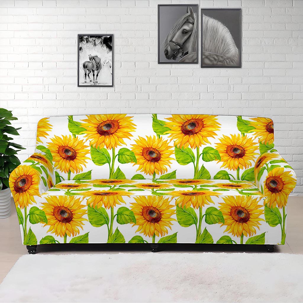 White Watercolor Sunflower Pattern Print Sofa Cover