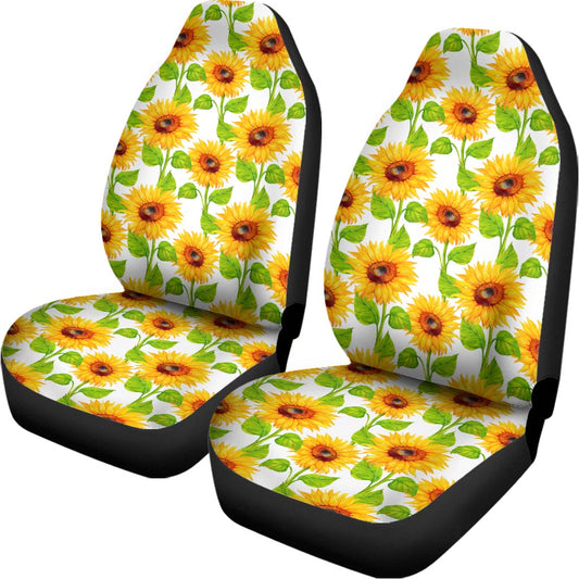 White Watercolor Sunflower Pattern Print Universal Fit Car Seat Covers