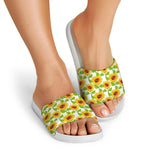 White Watercolor Sunflower Pattern Print White Slide Sandals
