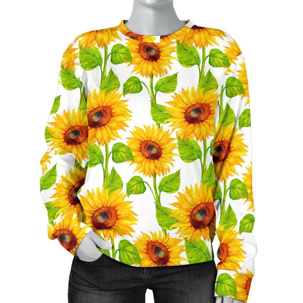 White Watercolor Sunflower Pattern Print Women's Crewneck Sweatshirt GearFrost
