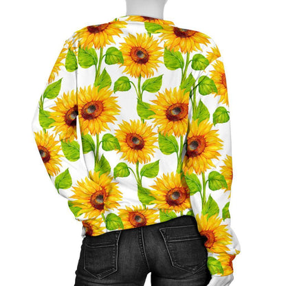 White Watercolor Sunflower Pattern Print Women's Crewneck Sweatshirt GearFrost