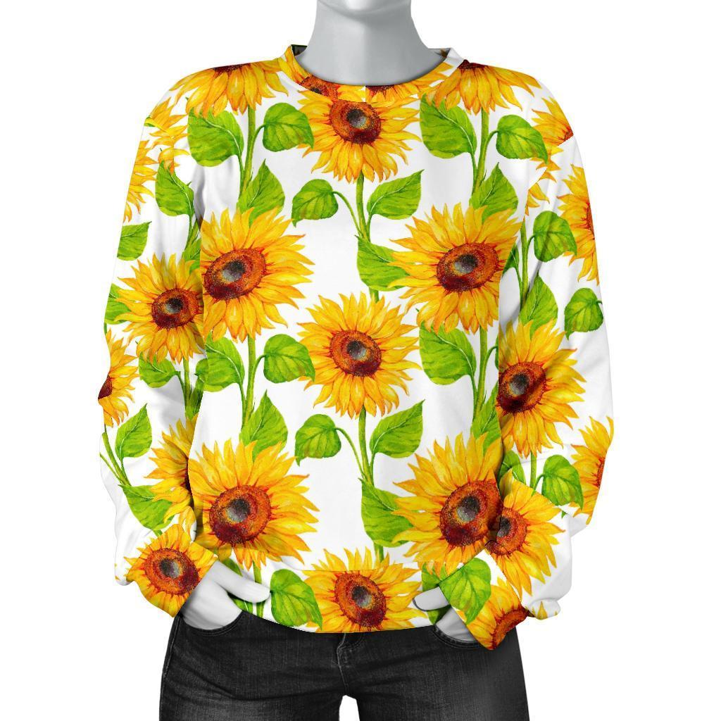 White Watercolor Sunflower Pattern Print Women's Crewneck Sweatshirt GearFrost