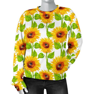 White Watercolor Sunflower Pattern Print Women's Crewneck Sweatshirt GearFrost
