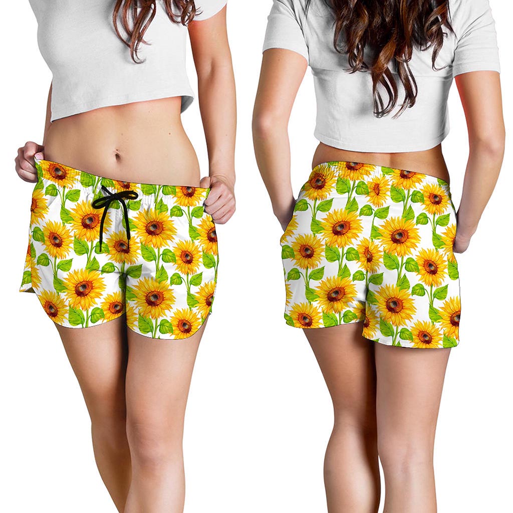 White Watercolor Sunflower Pattern Print Women's Shorts