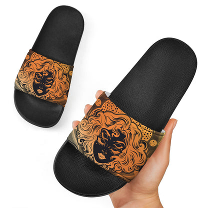 Wiccan Girl And Magical Moon Print Black Slide Sandals