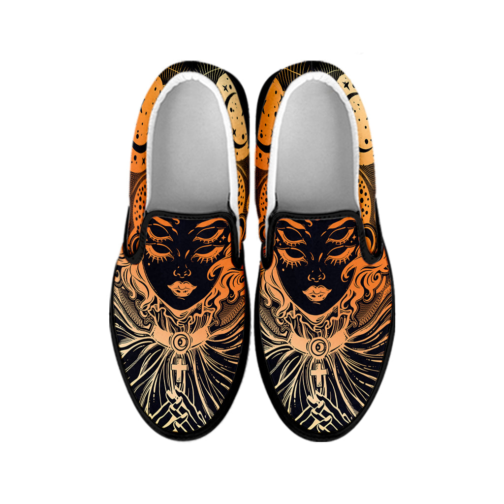 Wiccan Girl And Magical Moon Print Black Slip On Shoes