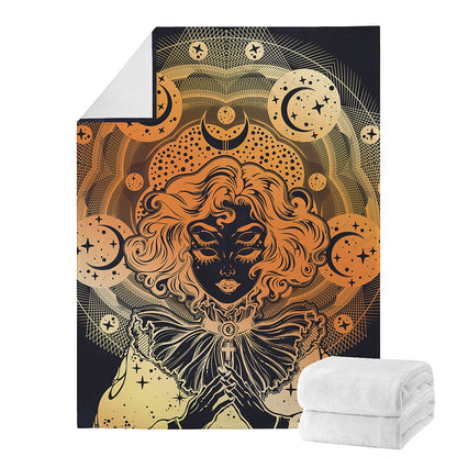 Wiccan Girl And Magical Moon Print Blanket