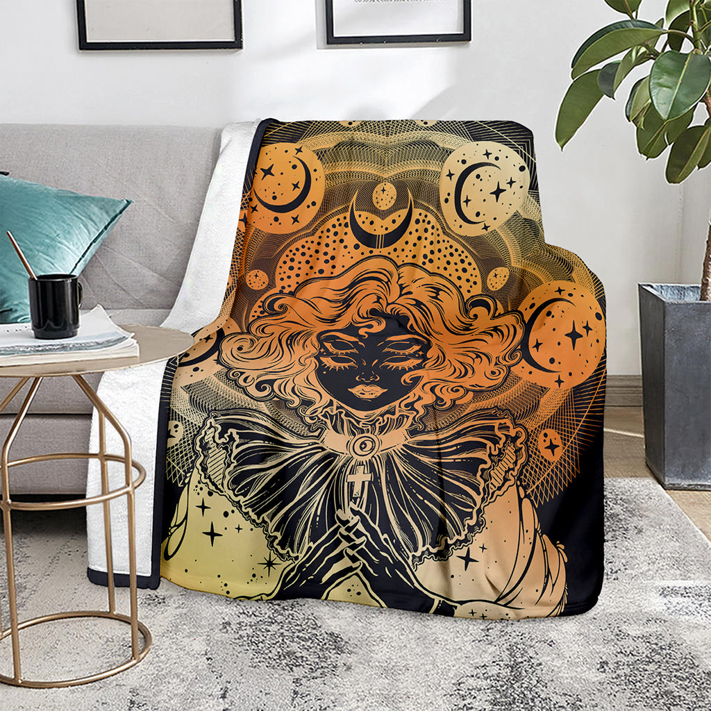 Wiccan Girl And Magical Moon Print Blanket
