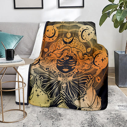 Wiccan Girl And Magical Moon Print Blanket