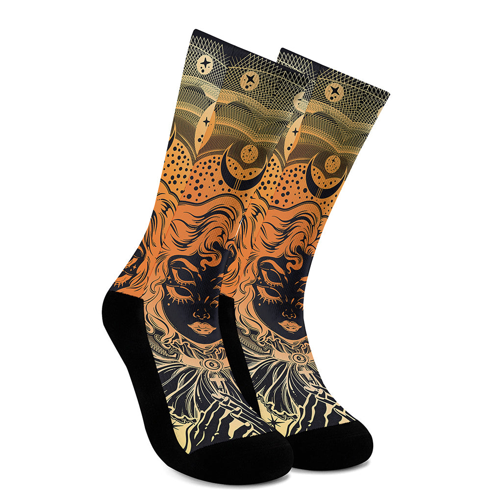 Wiccan Girl And Magical Moon Print Crew Socks