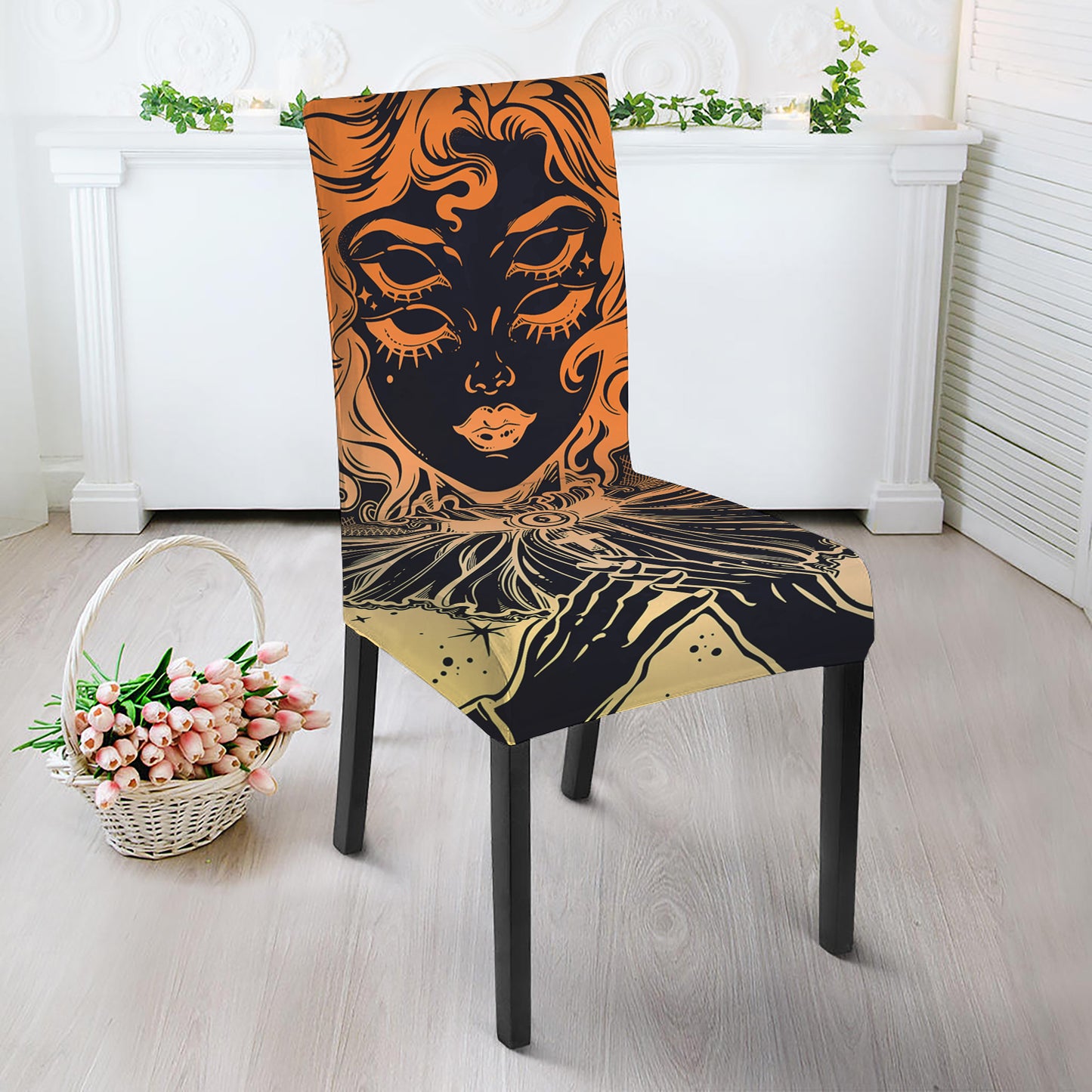 Wiccan Girl And Magical Moon Print Dining Chair Slipcover