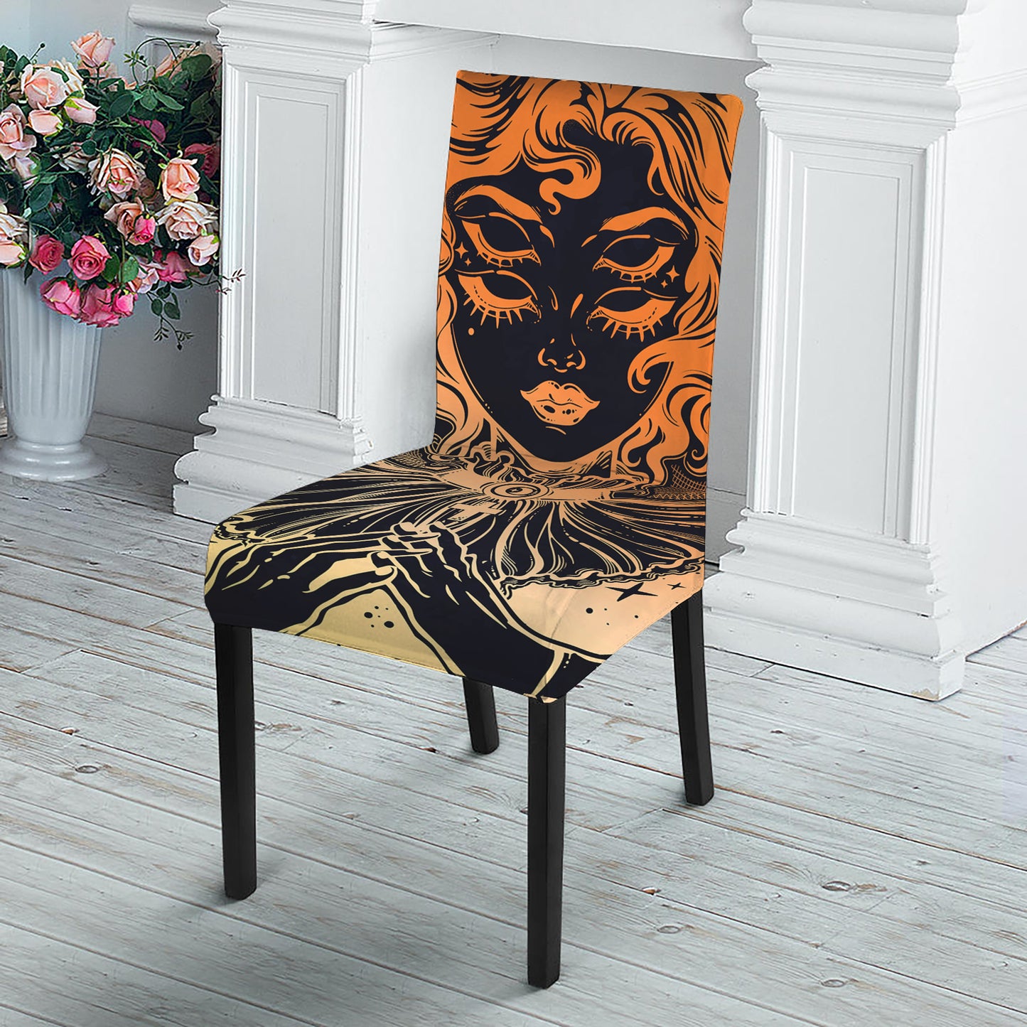 Wiccan Girl And Magical Moon Print Dining Chair Slipcover
