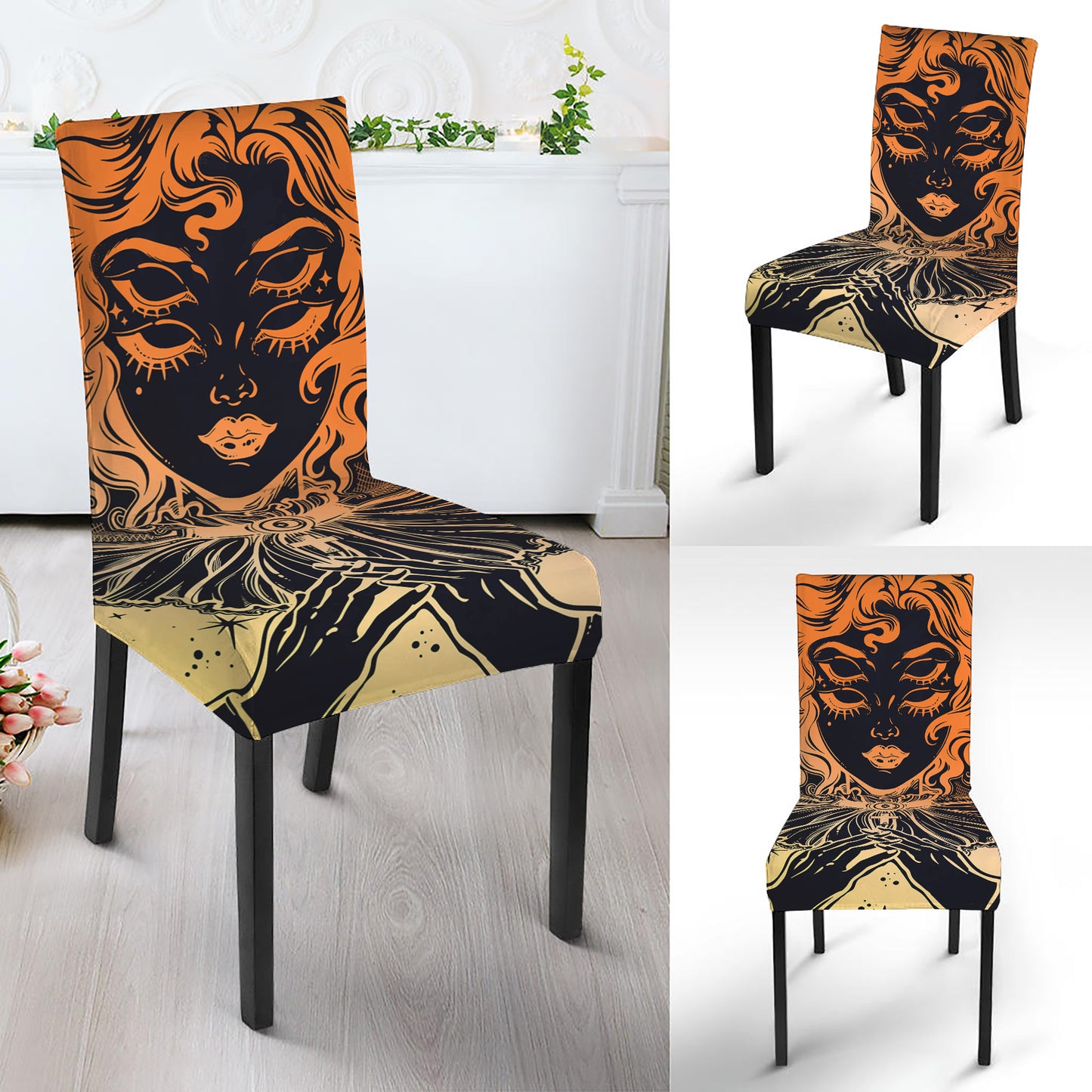 Wiccan Girl And Magical Moon Print Dining Chair Slipcover