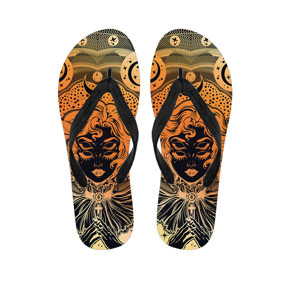 Wiccan Girl And Magical Moon Print Flip Flops