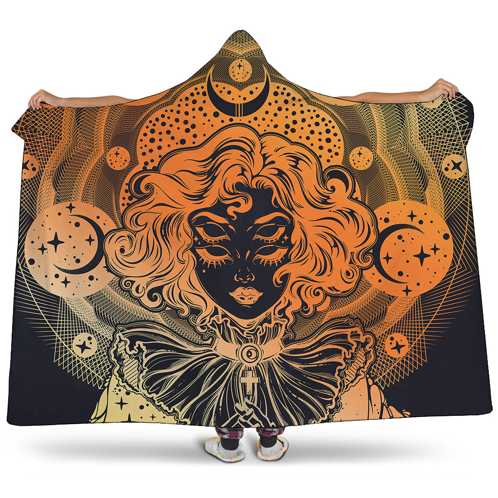 Wiccan Girl And Magical Moon Print Hooded Blanket