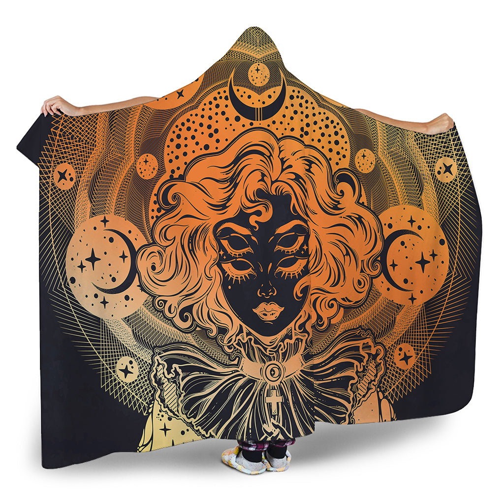 Wiccan Girl And Magical Moon Print Hooded Blanket